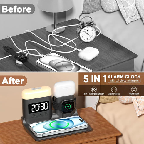 Wireless Charging Station for Apple Devices, 5 in 1 Wireless Charger Stand with Alarm Clock and Light, Charging Dock for iPhone 15 14 13 12 11 X P...