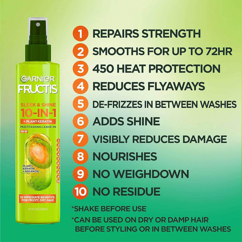 Garnier Fructis Sleek & Shine 10-in-1 for Frizzy, Dry Hair, Plant Keratin, 8.1 Fl Oz, 1 Count (Packaging May Vary)...