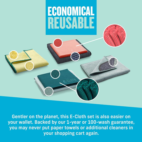 E-Cloth 6-pc Home Cleaning Essentials, Contains Multiple Microfiber Cleaning Cloths for a Streak-free Clean Glass, Window, Kitchen, Dust, Granite,...