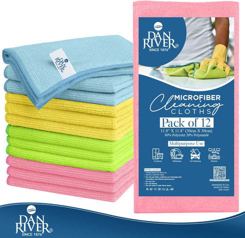 DAN RIVER Microfiber Cleaning Cloth - 12 Pack Economy Bundle - Soft, Absorbent Cleaning Rag - Microfiber Towels for Cars, Glasses, House, Windows,...