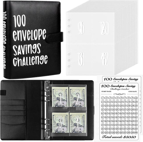 100 Envelopes Money Saving Challenge Binder, Easy and Fun Way to Save $5,050, A5 Budget Book with Cash Envelopes Kit,Black,White...