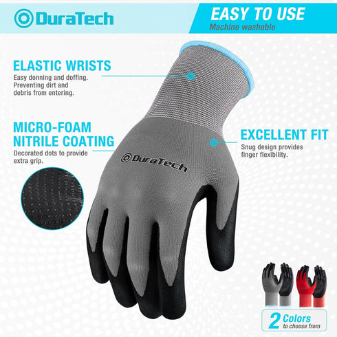DURATECH Micro-Foam Nitrile Safety Work Gloves, 6 Pairs, Non-slip Dot Coated Gloves, with Touchscreen Capability, Ideal for General Purpose (Grey ...
