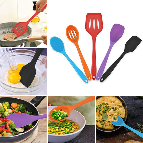 Homikit 5-Piece Kitchen Cooking Utensils Set, Colorful Silicone Slotted Turner Spatula Spoons for Nonstick Cookware, Dishwasher Safe Kitchen Tools...