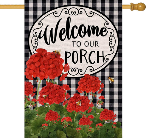 Home Decorative Welcome to Our Porch Geranium Spring Summer House Flag, Flower Black White Buffalo Plaid Check Garden Yard Outside Decoration, Fal...