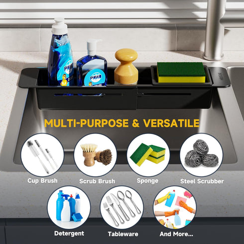 NiHome Extendable Over Sink Kitchen Organizer, Telescopic Sink Storage Rack for Sponge, Non-Slip Pads Expandable Sink Caddy, Adjustable Sponge/Bru...