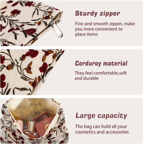 2Pcs Flower Makeup Bag Cute Floral Travel Cosmetic Bag Set for Women Girls Large Small Zipper Makeup Pouch for Purse Pencil Pouch Aesthetic Portab...