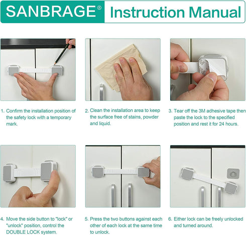 Child Safety Strap Locks (4 Pack) for Fridge, Drawers, Oven, Cabinets, Toilet, Dishwasher, Double Lock Structure, 3M Adhesive No Drilling-SANBRAGE...