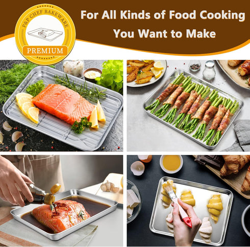 P&P CHEF 9 Inch Baking Sheet Pan with Rack Set, Stainless Steel Cookie Sheet Pan Tray with Cooling Rack for Oven Use, Cooking Roasting, Non Toxic ...