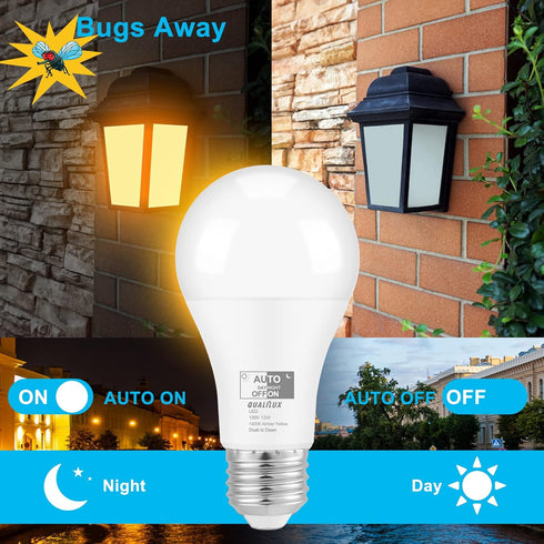Dusk to Dawn Bug Light Bulbs Outdoor, 1900K Amber Yellow, 800 Lumen, LED 12W, A19 E26, 4-Pack, HQ-H020...