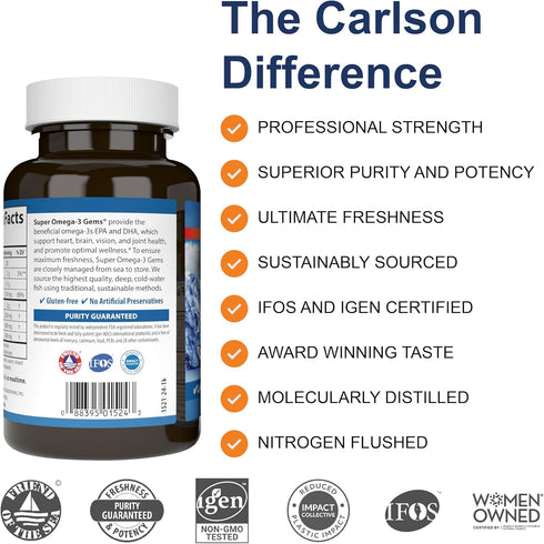 Carlson - Super Omega-3 Gems, 1200 mg Omega-3 Fatty Acids with EPA and DHA, Wild-Caught Norwegian Supplement, Sustainably Sourced Fish Oil Capsule...