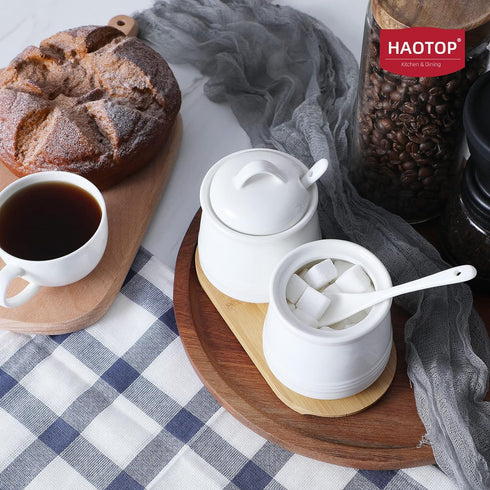HAOTOP Ceramic Sugar Bowl 2 Pack, PorcelainJar with Tray, Spoon and Lid for Sugar, Pepper, Coffee, Spice, Salt, 12 Ounces (White)...