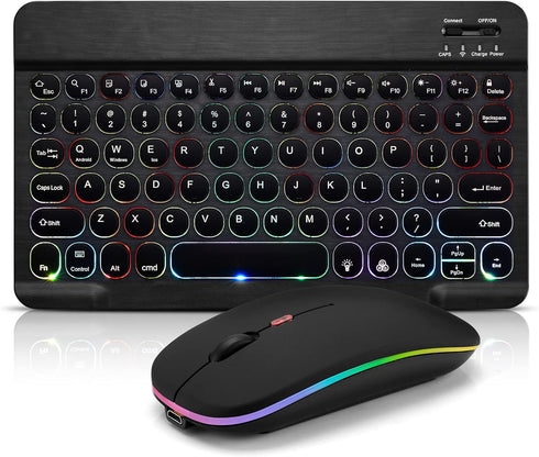 Ultra-Slim Bluetooth Keyboard and Mouse Portable Mini Wireless Keyboard Rechargeable 7-Color Backlit for Apple iPad iPhone Samsung Tablet iPhone S...
