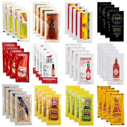 Hot Sauce Variety Pack of 48 Condiment Packets. 4 Each of 12 Flavors. Texas Pete Hot Sauce Packets, Mini Condiments, Mini Hot Sauce, Condiment Pac...
