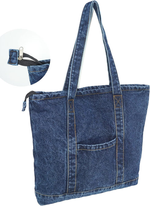 Denim Tote Bag Casual Style Lightweight Classic Retro Travel Shopper Shoulder Handbag...