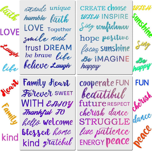 4 Pieces Word Stencils for Painting Decors, 6 x 8 Inches Inspirational Quote Stencils Resuable Plastic Stencils Motivational Templates for Word Ar...