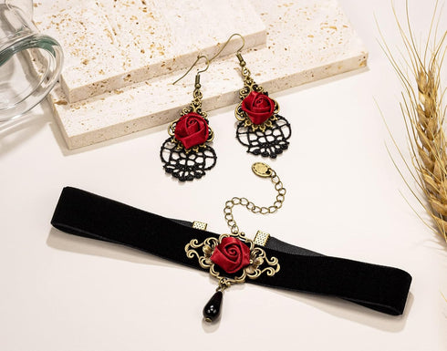 RareLove Red Rose Teardrop Gothic Lolita Velvet Choker Necklace and Dangle Earrings Jewelry Set Halloween Costumes for Women Accessories...