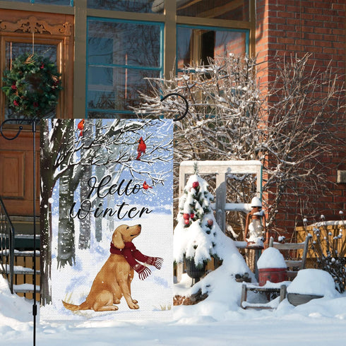 Louise Maelys Hello Winter Golden Dog Garden Flag 12x18 Double Sided, Burlap Farmhouse Small Cardinal Retriever Garden Yard Flags for Winter Seaso...