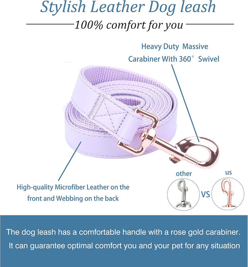 Dog Collar and Leash Set.Soft and Easy to clean vegan Leather with Rose Gold Metal Buckle for Small Medium Large Dogs (Light Purple, M(13.8"-19.7"...