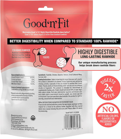 Good ‘n’ Fit Twist Sticks Made with Real Venison, 15 Count, Treat Your Dog to Long-Lasting and Highly Digestible Rawhide Chews...