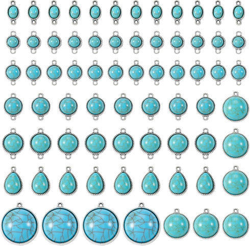 70Pcs Tibetan Style Teardrop Turquoise Connector Charms Round Bohemian Earring Charms Retro Antique Silver Western Link Charms for DIY Boho Neckla...