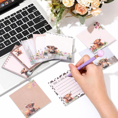 9 Pads Cow Sticky Notes Floral Highland Cow Theme 3x3 Self-Stick Cute Brown Cow Print Notes Adhesive Memo Pad Cow Office Decor for School Office H...