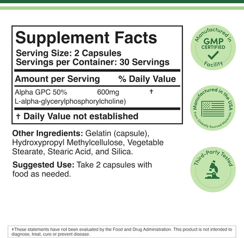 Alpha GPC Choline Brain Supplement for Acetylcholine (60 Count, 600mg Servings) Advanced Memory Formula, Focus and Brain Support, Focus Supplement...