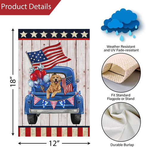 Louise Maelys 4th of July Garden Flag 12x18 Double Sided, Small Burlap Truck Golden Retriever Dog Welcome Patriotic Garden Yard House FLags for Me...