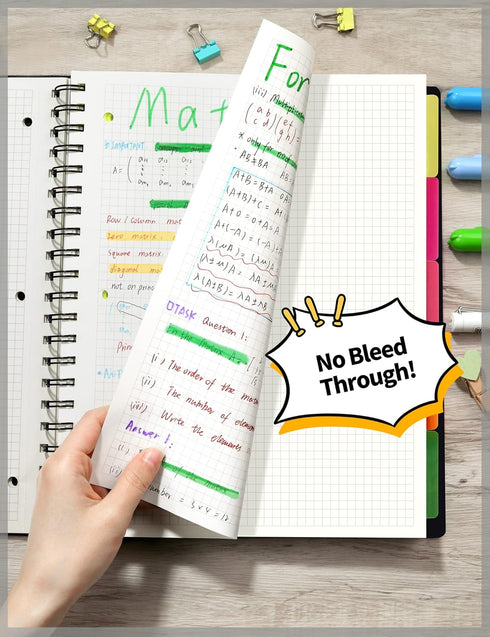SUNEE Graph Paper Notebook - 300 Pages, 5 Subject, 8.2"x10.8", 5 x 5mm Grid, 5 Pocket Colored Dividers, 3-Hole Punched Quad Paper for Math, Engine...