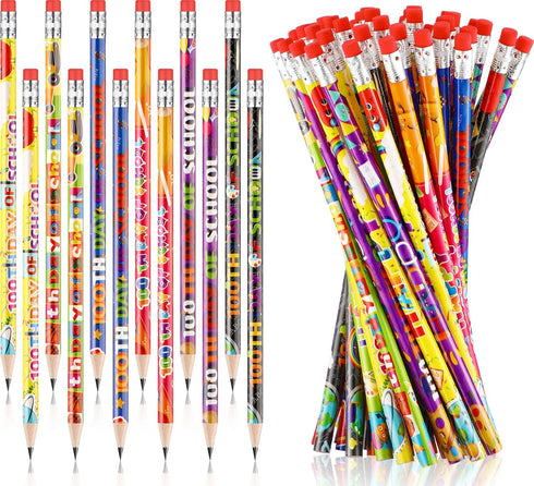 Crtiin 48 Pcs Wood Pencil 100th Day of School Eid Mubarak Motivational Pencils Novelty Pencils Bright School Party Supplies for Kids Students Clas...