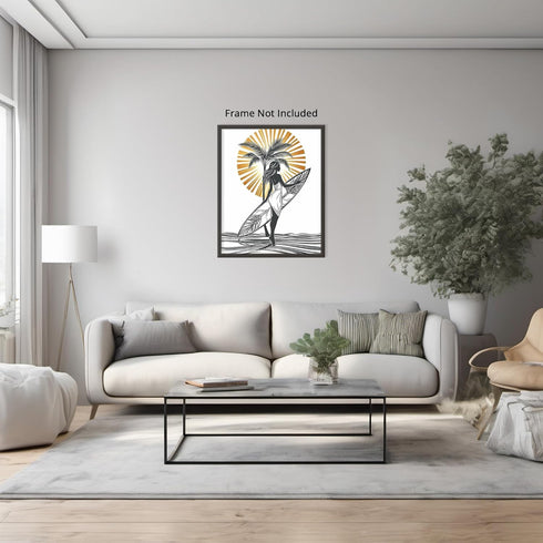 Posterizer 1 pcs-black and white art-woman at the beach with surfboard 1-Coastal & Nautical Art Gift for Nature, Surfers and Beach Lovers - unfra...