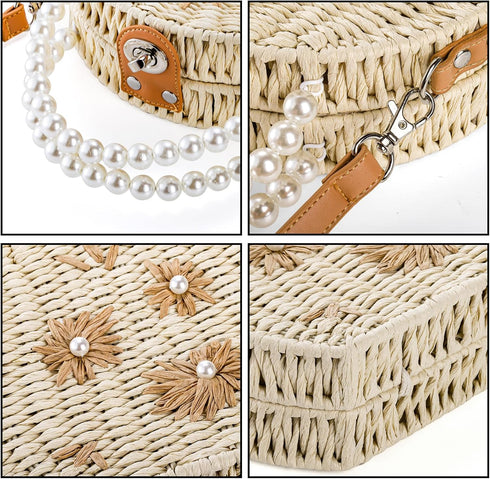 Handwoven Round Rattan Bag, 8" Straw Crossbody Bag with Adjustable Straps, Top Pearl Handle Wicker Tote Bag, Boho Summer Beach Basket Purse, Flowe...