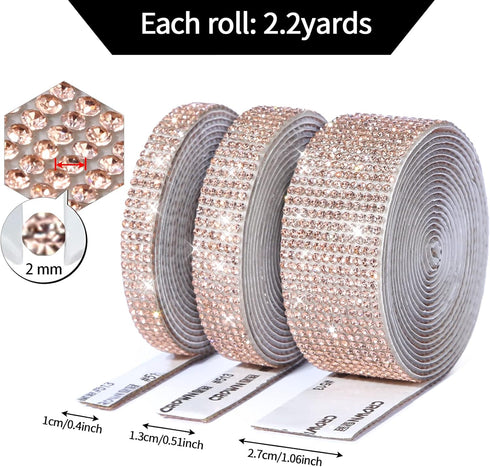 Champagne Crystal Diamond Ribbon - 3 Rolls x 6.6 Yards, Self-Adhesive Rhinestone Ribbon for DIY Arts & Crafts, Phone & Car Decoration...