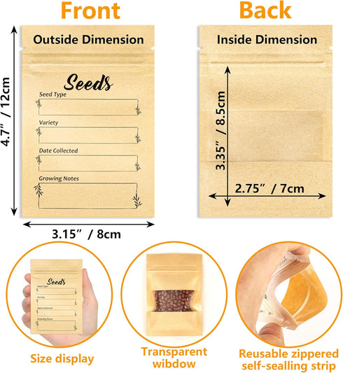 100pcs Seed envelopes resealable Seed saving envelopes with clear window Kraft paper seed packets for Garden Flower Vegetable Plants Seed Storage ...