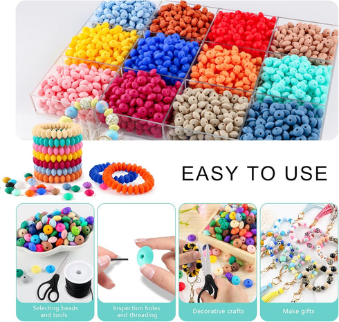 300Pcs 12mm Silicone Lentil Beads, Silicone Spacer Beads for Necklace Bracelet Making, Abacus Silicone Beads for Keychain Making and Silicone Foca...
