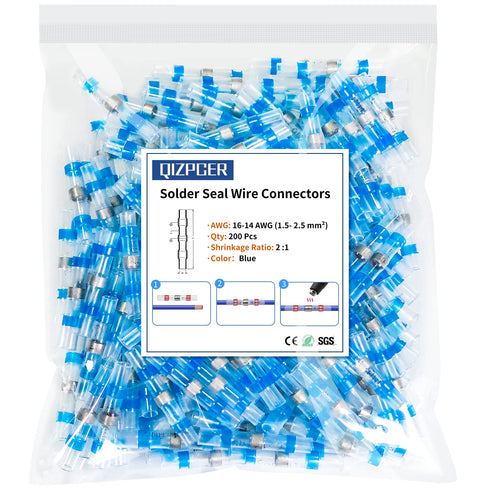 200Pcs Solder Seal Wire Connectors, 16-14 Gauge Blue Heat Shrink Wire Connectors Waterproof Electrical Cable Butt Terminals for Marine Automotive ...