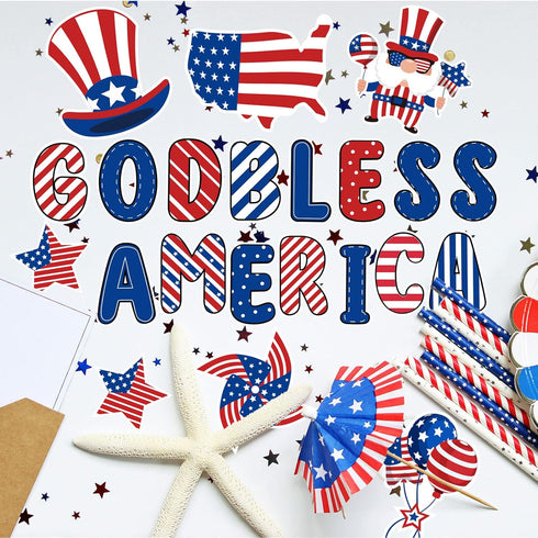 Whaline 95Pcs Patriotic Classroom Bulletin Board Decoration Kit God Bless America Bulletin Board Set Cartoon 4th of July Cutouts with Glue Points ...