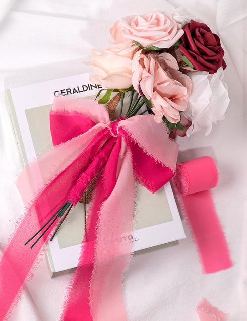 Chiffon Ribbon, Hot Pink Pastel Pink 1.5''x21Yd Frayed Fringe Silk Ribbon for Gift Wrapping, Handmade Ribbons for Floral Vase Decoration, Wedding,...