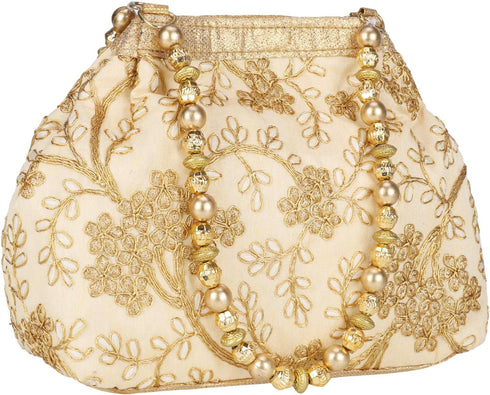 Women's Fantastic Silk Indian Ethnic Potli Bag with Handicraft work (Golden Potli)...