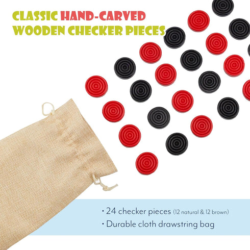 Black & Red Carved Stackable Wooden Checkers (24 Pieces); with Drawstring Cloth Storage Bag...