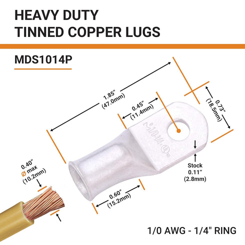 SELTERM 10pcs 1/0 AWG-1/4" Stud Tinned Copper Wire Lugs, Heavy Duty Battery Cable Ends,0 Gauge Ring Terminals, UL Battery Lugs Marine Grade Copper...