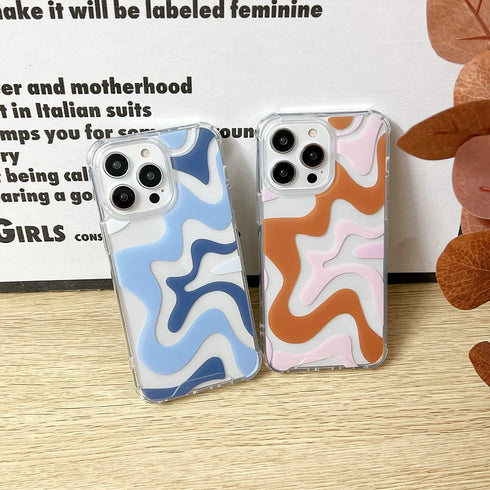 Compatible with iPhone 14 / iPhone 13 Phone Case, Cute Art Wavy Painted for Women Girls, Soft TPU Edge PC Back Protective Shockproof Phone Case-Bl...