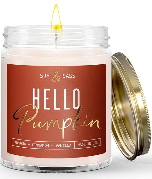 Fall Candles, Pumpkin Candle - 'Hello Pumpkin' Soy Pumpkin Spice Candle I Infused with Essential Oils I Fall Candle Decor, Fall Scented Candle I 9...