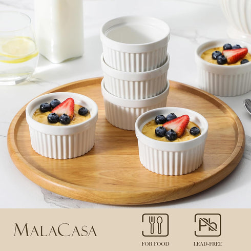 MALACASA Ramekins 4 oz Oven Safe, Porcelain Creme Brulee Ramekins Pudding Custard Cups Small Ceramic Souffle Dishes Ramakan Ramiken Ramicans Bakin...