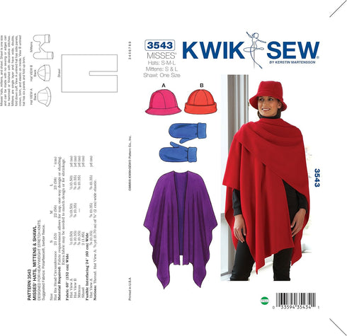 Kwik Sew K3543 Hats Sewing Pattern, Mittens and Shawl...