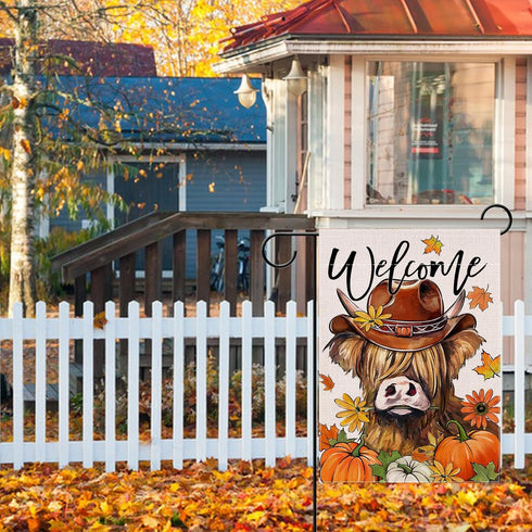 Welcome Fall Highland Cow Decorative Garden Flag, Autumn Farm Animal Pumpkin Maple Leaves Yard Outside Decorations, Thanksgiving Farmhouse Rustic ...