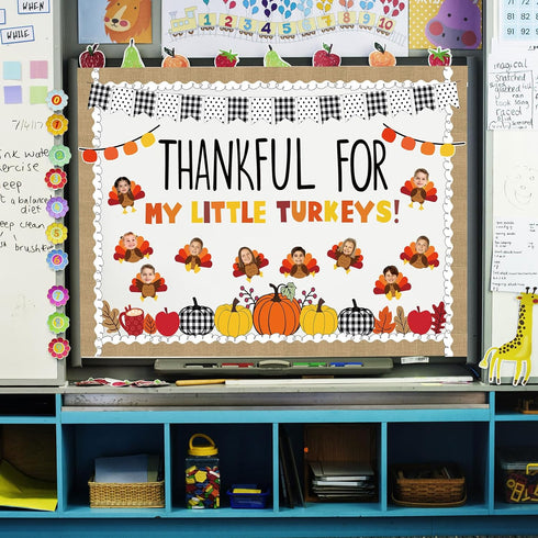 119Pcs Fall Thanksgiving Bulletin Board Decor Autumn Turkey Pumpkin Paper Cutouts with 200Pcs Glue Points Scalloped Bulletin Border Sticker for Ho...