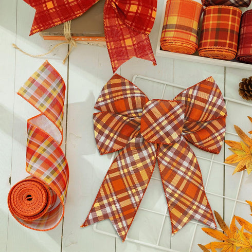 Fall Wired Edge Ribbon 30 Yards 2.5 in Orange Check Plaids Fabric Ribbon Autumn Checkered Decorative Craft Ribbon for Thanksgiving Harvest Gift Wr...