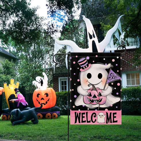Welcome Halloween Spooky Ghost Boo Small Decorative Garden Flag, Pink Jack O Lantern Pumpkin Polka Dot Yard Lawn Outside Decor, Funny Holiday Burl...