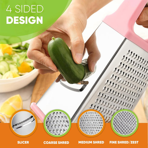 Spring Chef Professional Stainless Steel XL Parmesan Cheese Grater with Handle - 4 Sided Box Grater for Kitchen - Dishwasher Safe Carrot Shredder ...
