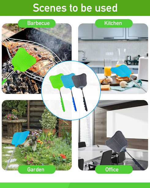3 pcs Fly Swatter, Fly Swatter Plastic,Telescopic Fly Swatters, Large Bug Swatter That Work for Indoor and Outdoor. (Black Blue Green)...